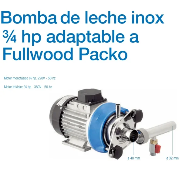 Bomba de leche adaptable a Fullwood Packo inox 3/4 hp . Disponible 220v - 380v