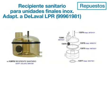 Recipiente sanitario para unidades finales inox.  Adapt. a DeLaval LPR (99961981) y repuestos