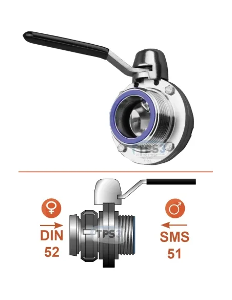 Válvula de drenaje Macho SMS Ø51/Hembra DIN Ø52 - inox AISI304