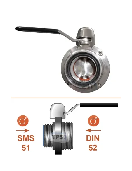 Válvula de drenaje Macho SMS Ø51 / Macho DIN Ø52 - inox AISI304