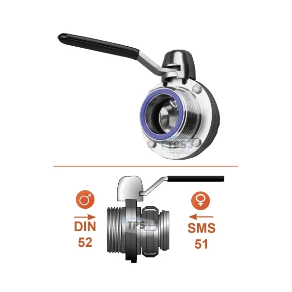 Válvula de drenaje Hembra SMS Ø51 / Macho DIN Ø52 - inox AISI304