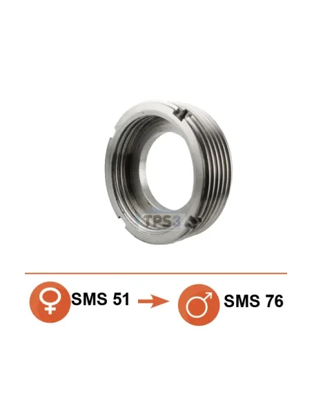Reductor de acero inoxidable mecanizado SMS Ø76 macho / SMS Ø51 hembra