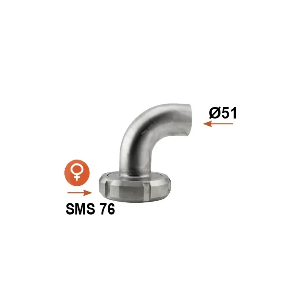 SMS reductor hembra inox Ø76 / liso Ø51 acodado