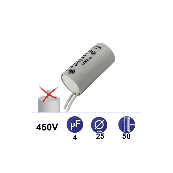 Condensador 1.25µF 450V sin tornillos 2 hilos longitud 150mm