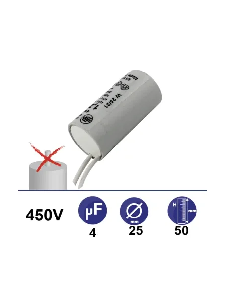 Condensador 1.25µF 450V sin tornillos 2 hilos longitud 150mm