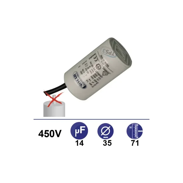 Condensador 14µF 450V - Ø35x71mm - sin cable de fijación