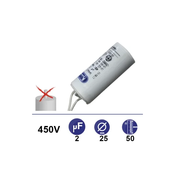 Condensador 2µF 450V - 25x50mm - sin cable de fijación