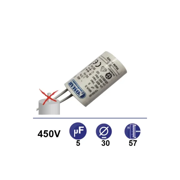Condensador 5µF 450V - Ø30x57mm - sin cable de fijación