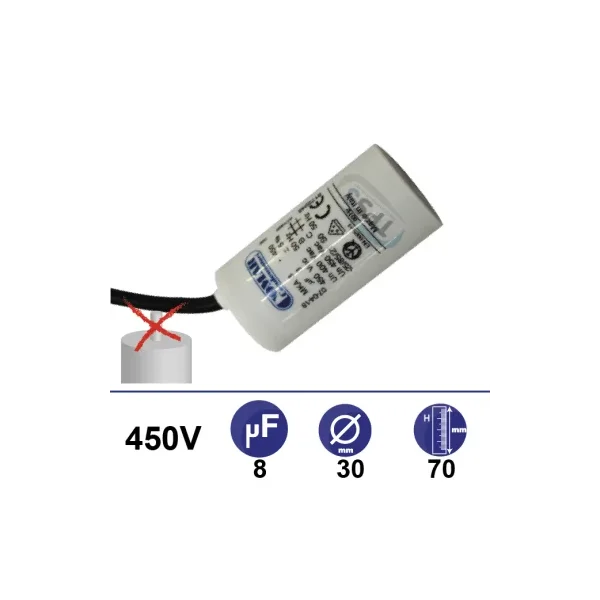 Condensador 8µF 450V - Ø30x70mm - sin cable de fijación