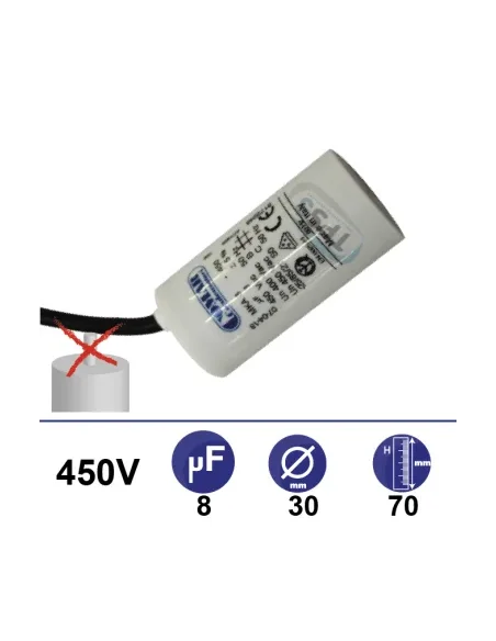 Condensador 8µF 450V - Ø30x70mm - sin cable de fijación