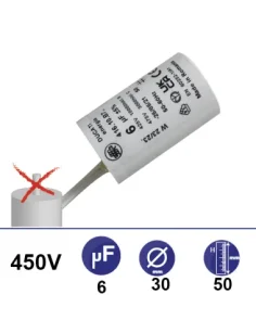 Condensateur 6µF 450V sans vis 2 fils longueur 110mm