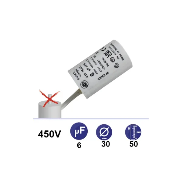 Condensateur 6µF 450V sans vis 2 fils longueur 110mm