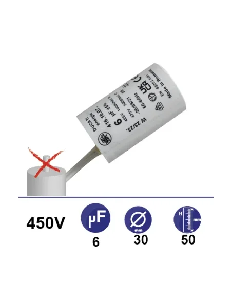 Condensateur 6µF 450V sans vis 2 fils longueur 110mm