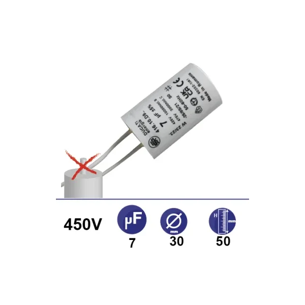 Condensateur 7µF 450V sans vis 2 fils longueur 110mm
