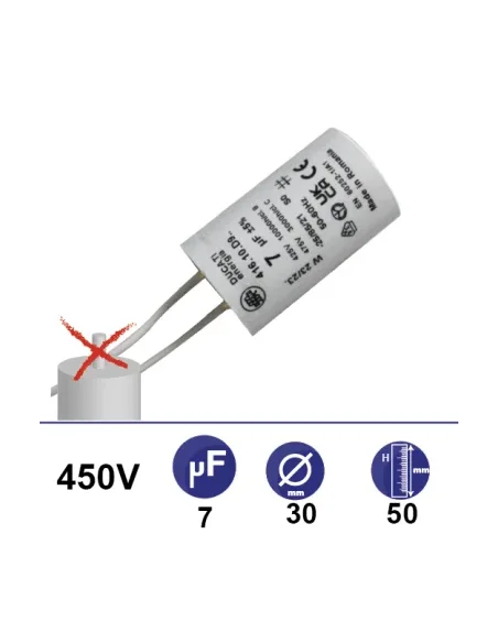 Condensateur 7µF 450V sans vis 2 fils longueur 110mm