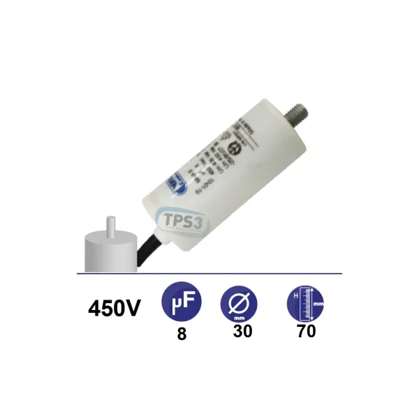 Condensador 8µF 450V - Ø30x70mm - con cable de fijación