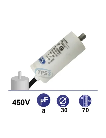 Condensador 8µF 450V - Ø30x70mm - con cable de fijación