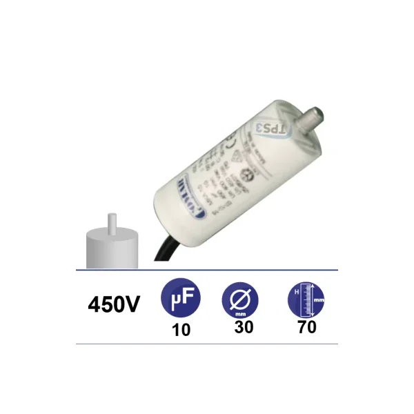 Condensador 10µF 450V - Ø30x70mm - con cable de fijación