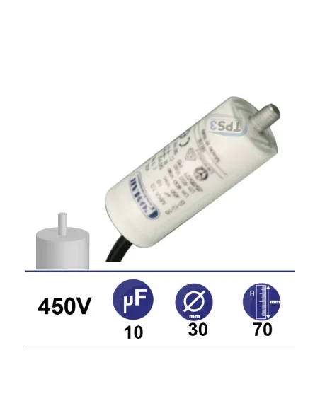Condensador 10µF 450V - Ø30x70mm - con cable de fijación
