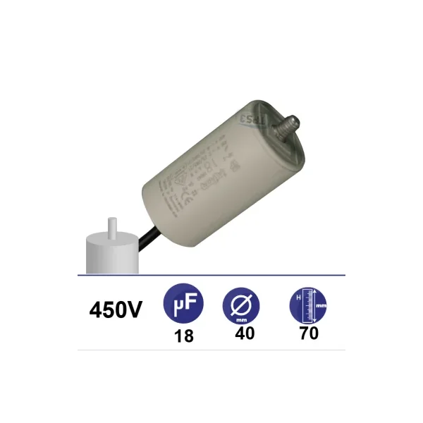 Condensador 18µF 450V - Ø40x70mm - con cable de fijación