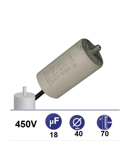 Condensador 18µF 450V - Ø40x70mm - con cable de fijación