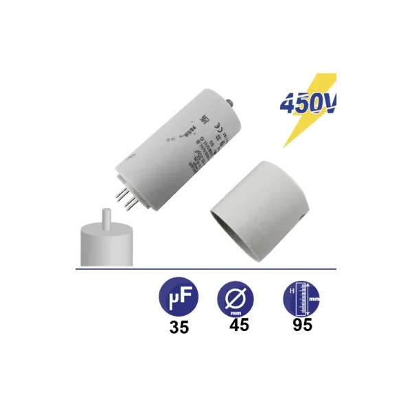 Condensador de 35µf con varilla de fijación y tapón con conectores terminales