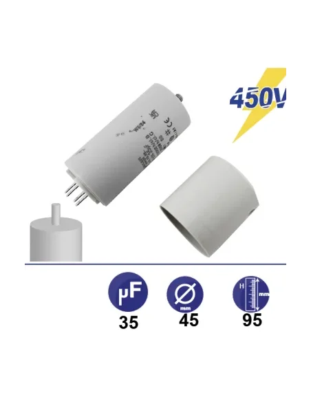 Condensador de 35µf con varilla de fijación y tapón con conectores terminales