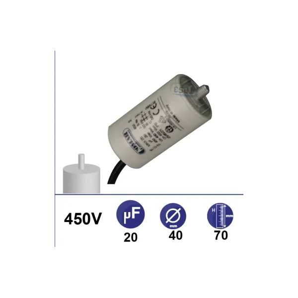 Condensador 20µF 450V - Ø40x70mm - con cable de fijación