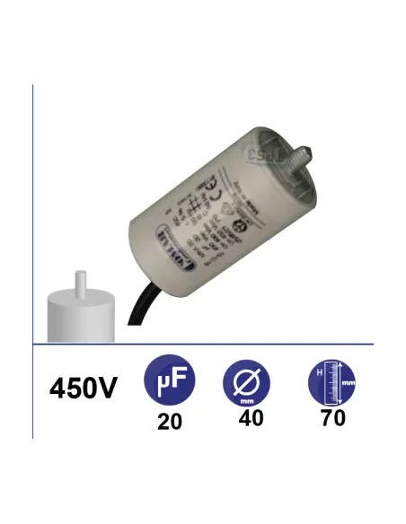 Condensador 20µF 450V - Ø40x70mm - con cable de fijación