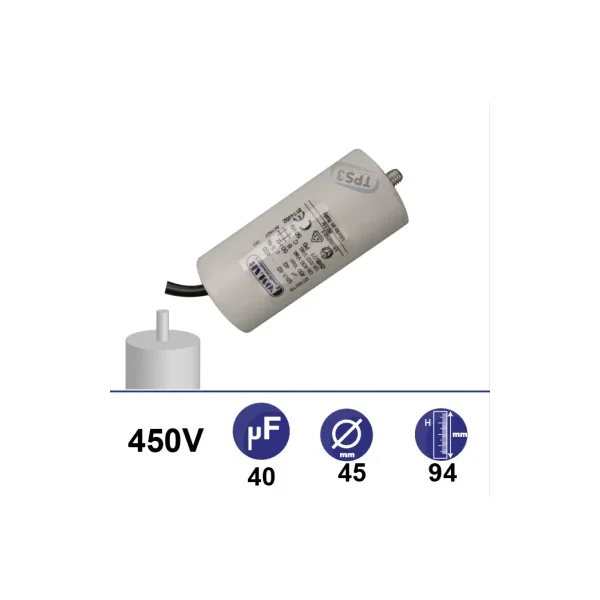 Condensador 40µF 450V - Ø45x94mm - con cable de fijación