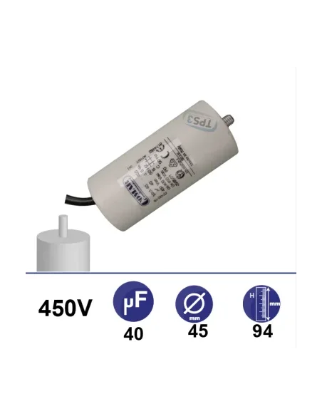 Condensador 40µF 450V - Ø45x94mm - con cable de fijación