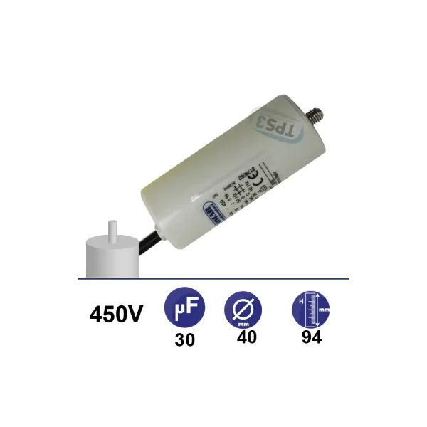 Condensador 30µF 450V - Ø40x94mm - con cable de fijación