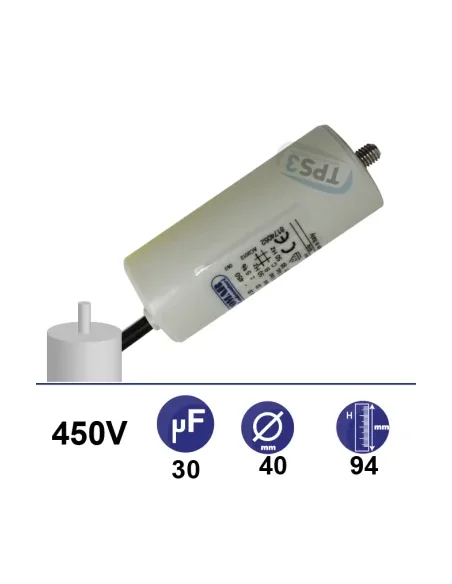 Condensador 30µF 450V - Ø40x94mm - con cable de fijación