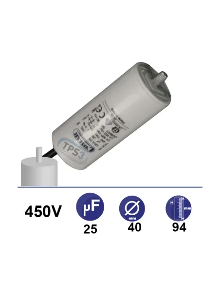 Condensador 25µF 450V - Ø40x94mm - con cable de fijación