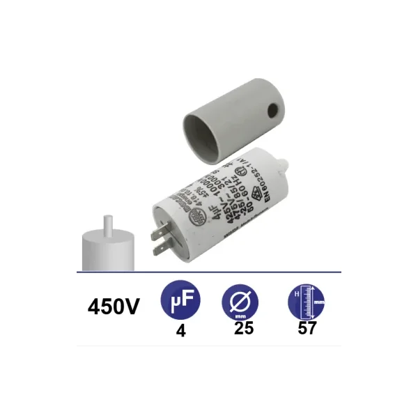 Condensador 4µF 450V - Ø25x57mm - con cable de fijación y capuchón, conexión por guarda-cabo