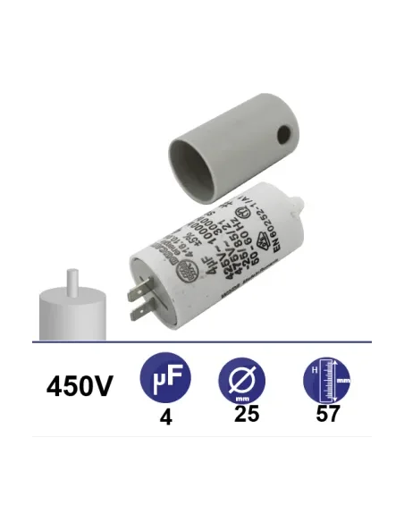 Condensador 4µF 450V - Ø25x57mm - con cable de fijación y capuchón, conexión por guarda-cabo
