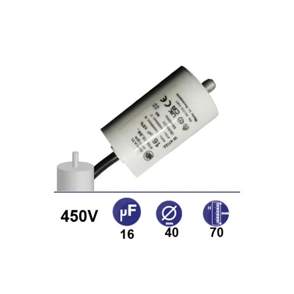 Condensador 16µF 450V - Ø40x70mm - con cable de fijación