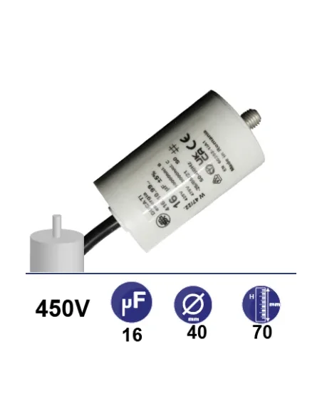 Condensador 16µF 450V - Ø40x70mm - con cable de fijación