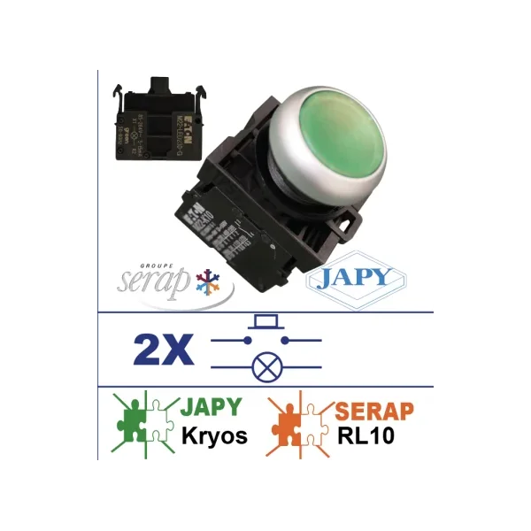 Boton pulsador luminoso verde para lavados Japy Kryos y Serap RL10