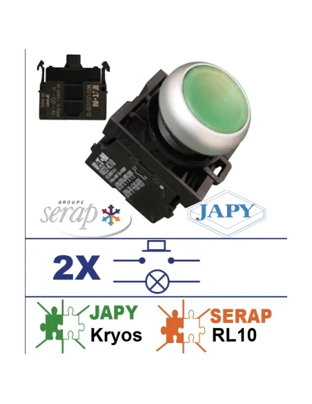 Boton pulsador luminoso verde para lavados Japy Kryos y Serap RL10