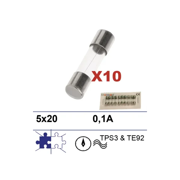 10 Fusibles 5x20 0.1A para prog de lavado universal TPS3 & TE92