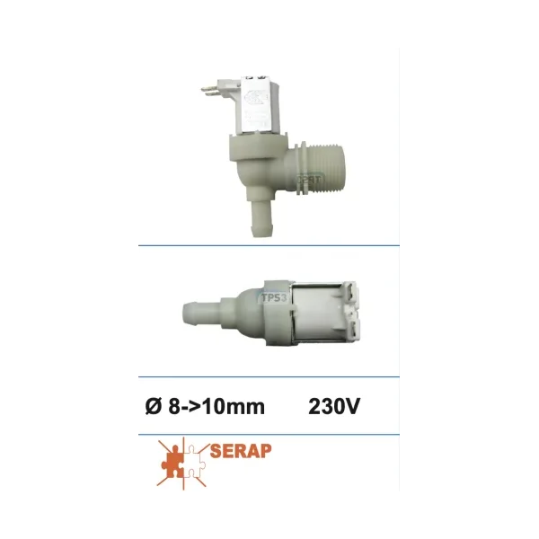 Electrovalvulas de entrada de agua sencilla recodada 230V Ø int. 8 - Ø ext. 10 (Serap)
