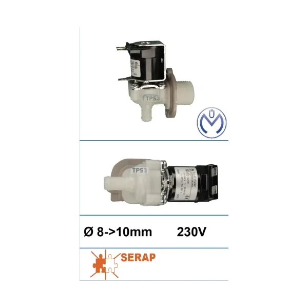 Electrovalvulas de entrada de agua sencilla acodada 230V Mueller Øint.8 - Øext10 (Serap)