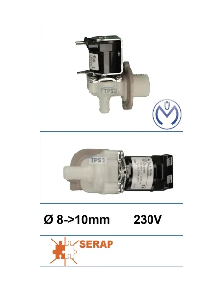 Electrovalvulas de entrada de agua sencilla acodada 230V Mueller Øint.8 - Øext10 (Serap)