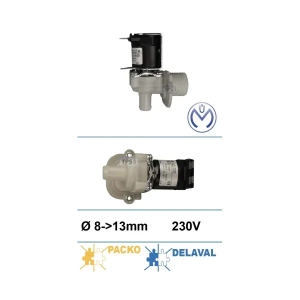 Electrovalvulas de entrada de agua sencilla acodada 230V Müller Ø int. 8 - Ø ext (Packo, DeLaval)