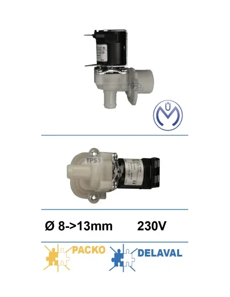 Electrovalvulas de entrada de agua sencilla acodada 230V Müller Ø int. 8 - Ø ext (Packo, DeLaval)