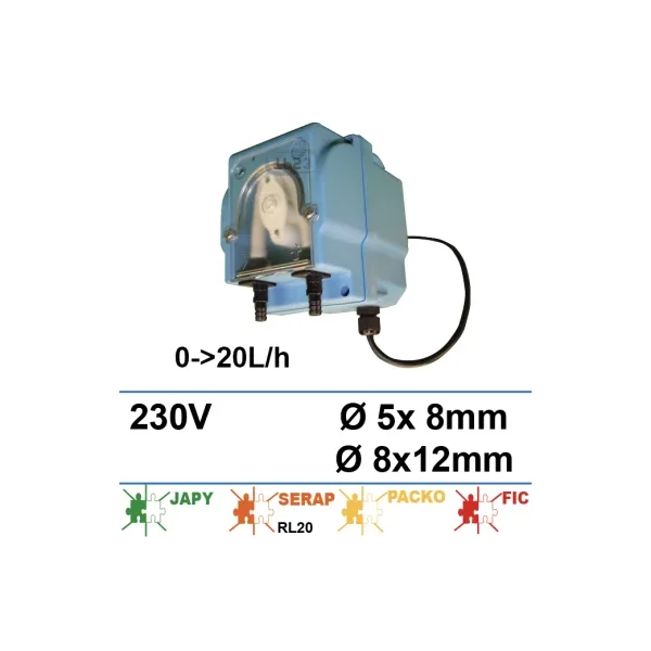 Bomba dosificadora de sustitución 240V, 0-20L/h, con cable y conteras (Japy/Serap RL20/Packo)