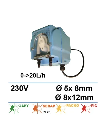 Bomba dosificadora de sustitución 240V, 0-20L/h, con cable y conteras (Japy/Serap RL20/Packo)