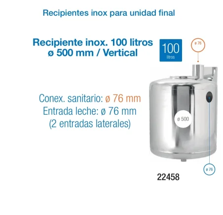 Recipiente inox 100 litros  Ø 500 mm / Vertical