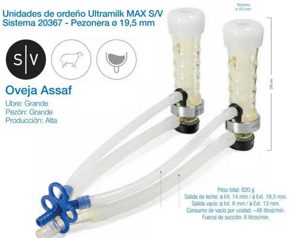 Punto de ordeño ULTRAMILK MAX S/V Sistema 20367 - Pezonera 19,5 mm  (Ovejas Assaf)